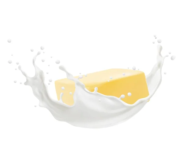 Manteiga Realista Salpicos Leite Fatia Quadrada Isolada Vetor Fresco Manteiga — Vetor de Stock