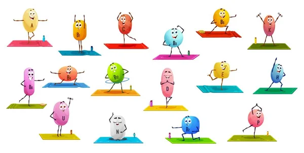 Cartoon Vitamin Characters Personages Yoga Fitness Vitamins Dragee Medicine Drugs — Stock Vector