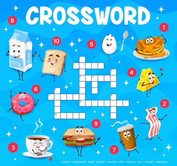 Kreuzworträtsel Zeichentrick Frühstücksfiguren Wortquiz Wortschatz Quiz Oder Kinder Wortsuchrätsel Vektor — Stockvektor