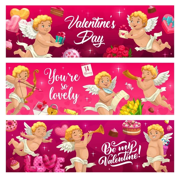 Banderas San Valentín Día Fiesta Dibujos Animados Ángeles Cupido Con — Vector de stock