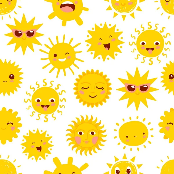 太阳字符无缝图案 卡通矢量背景 具有滑稽的阳光人物 儿童包装纸 孩子气织物或暑假背景 — 图库矢量图片
