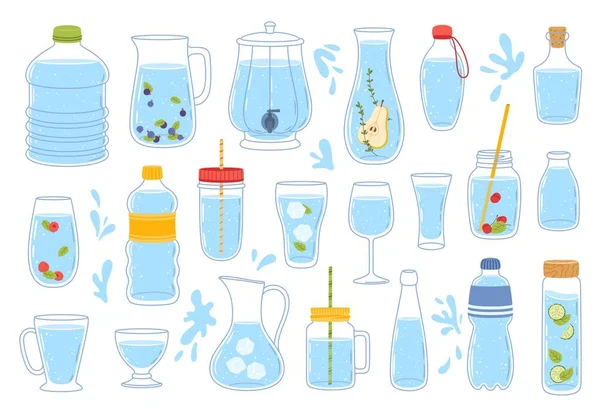 Botellas Recipientes Agua Vidrio Plástico Vasos Bebidas Jarras Bebidas Iconos — Vector de stock
