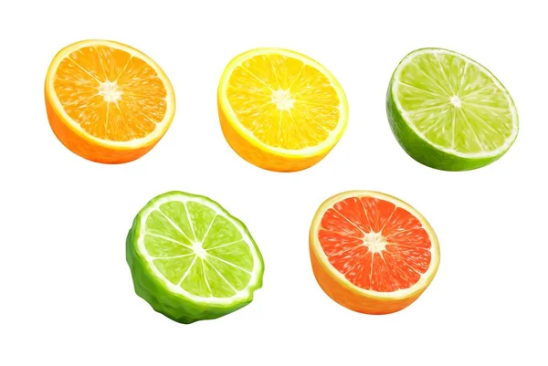 柚子和柑橘类水果 分离的载体现实的一半多汁柑橘 天然新鲜水果片 成熟的橙子和柠檬 绿茶或柚子制成 — 图库矢量图片