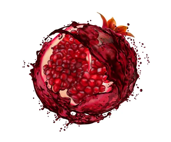 Granatapfelfrucht Mit Saftspritzer Realistische Vektorscheibe Mit Fruchtigen Samen Und Flüssigem — Stockvektor
