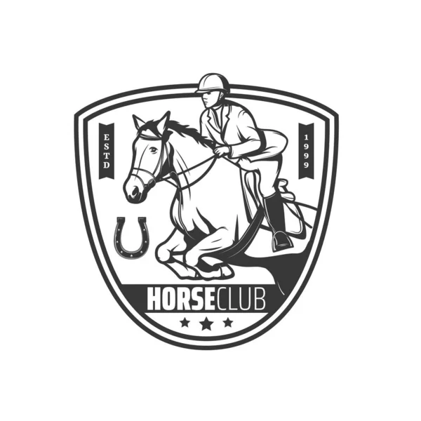 Jockey and horse club icon, equestrian sport or horse racing tournament vector emblem. Jockey polo and equine steeplechase races championship on hippodrome badge with horseshoe and stars