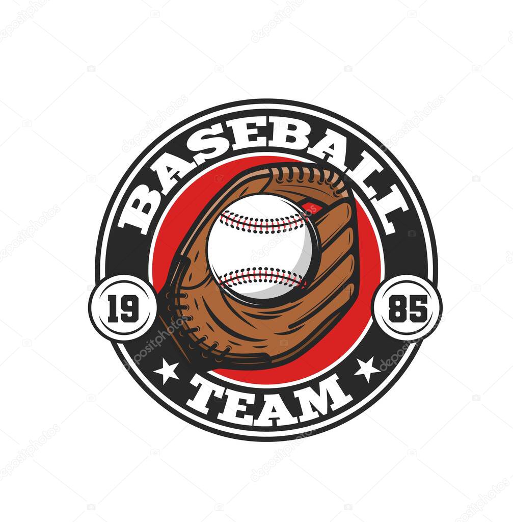 Baseball team icon, softball sport club emblem with glove and ball, vector badge. Baseball team or varsity fan club sign with catcher glove and softball ball for championship and tournament
