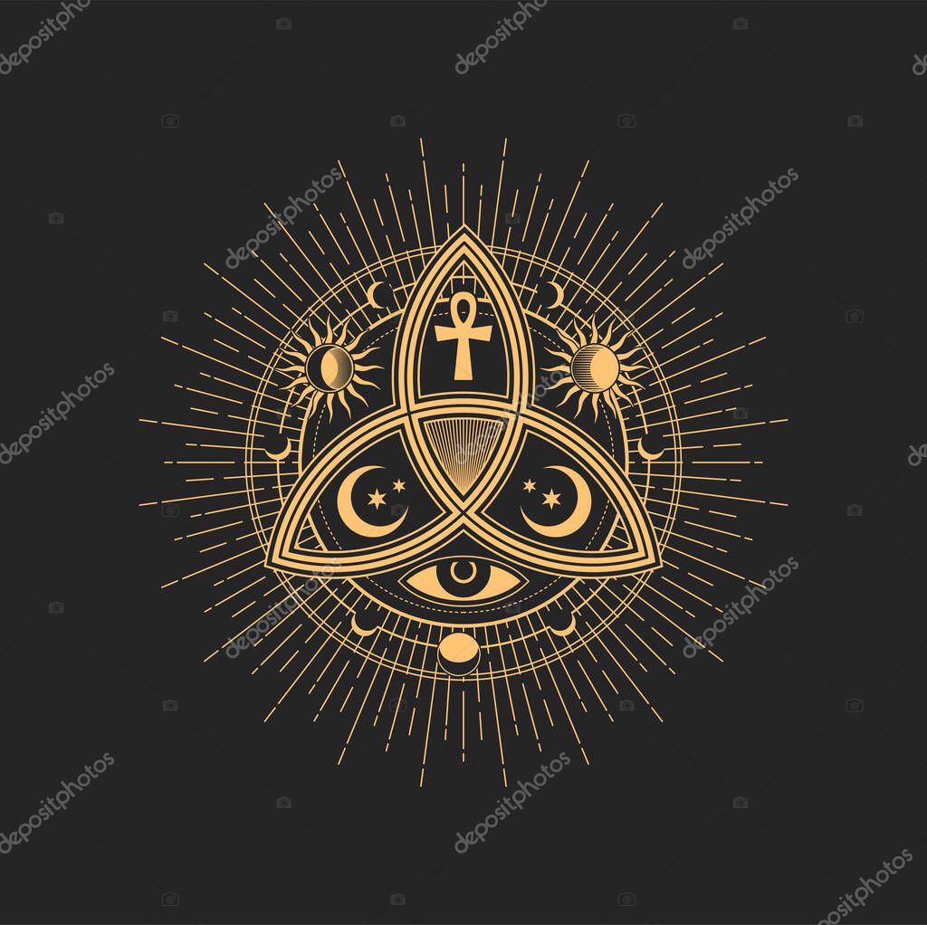 Magic tarot mason sign with cross and moon, eye and sun, Egypt cross. Occult sign, occultism, alchemy and astrology symbol, sacred religion mystic emblem