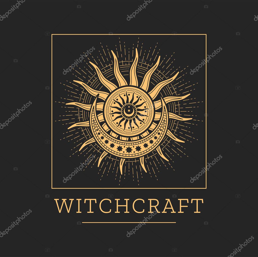 Witchcraft astrology, tarot and occultism magic icon. Esoteric astrology esoteric symbol or icon with sun, stars and crescent. Religion sacred sign, occultism emblem or tattoo, witchcraft seal