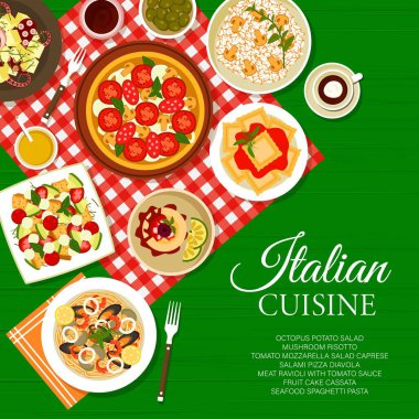 İtalyan mutfağı menüsü sayfa şablonu. Ahtapot patates salatası, domates soslu ravioli ve pizza Diavola, deniz ürünleri spagetti makarna, pasta Cassata ve domates salatası Caprese, mantarlı risotto.