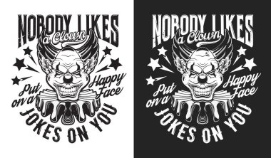 Tehlikeli palyaço tişörtü izi. Cadılar Bayramı giysisi, giysi ya da tişört özel vektör baskısı korkunç sirk palyaçosu formu kabus ya da çılgın gülümseyen soytarı korku karakteri, klasik tipografi