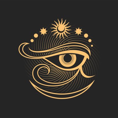 Ay ve yıldızlı Horus Eye, simyacı sembolü, simya cadılığı ikonu. Etnik tılsımın sihirli taşıyıcı karalaması, okültizm vizyon öngörüsü işareti