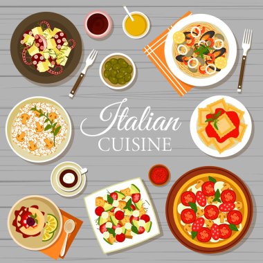 İtalyan mutfağı menüsü kapak sayfası. Pizza Diavola ve deniz mahsulü makarna, domates soslu ravioli, pasta Cassata ve domates mozzarella salatası Caprese, ahtapot patates salatası, mantarlı risotto.