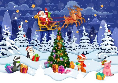 Noel kâğıdı orman manzarasını kesiyor, kar dalgalarında sevimli hayvanlar ve kızakta Noel Baba. Çizgi film Peder Noel 'in kızakla, porsukla, penguenle, tilkiyle ve domuzla uçtuğu üç boyutlu kağıt kesim efekti.