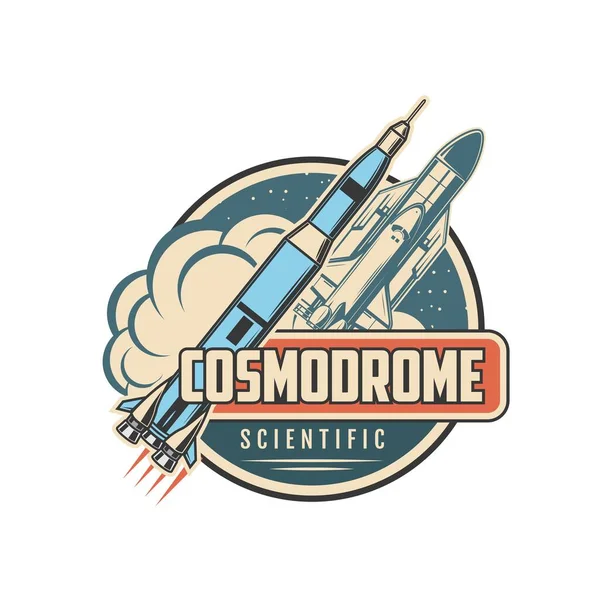 stock vector Cosmodrome vector icon with space rocket and shuttle. Astronomy science, galaxy adventure, spaceport or launch site isolated symbol with spaceship or spacecraft carrier rocket and steam clouds