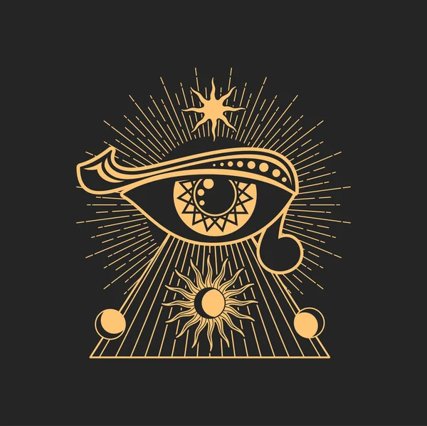 密教のシンボル魔法の目 神秘主義のお守り すべての目を参照してください ベクトル入れ墨オカルトマソンサイン 摂理すべての目を見て 太陽と月 タロットピラミッド — ストックベクタ
