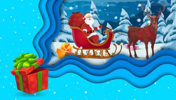 Weihnachtspapier Geschnittene Geschenkbox Und Cartoon Weihnachtsmann Auf Schlitten Vector Urlaub — Stockvektor