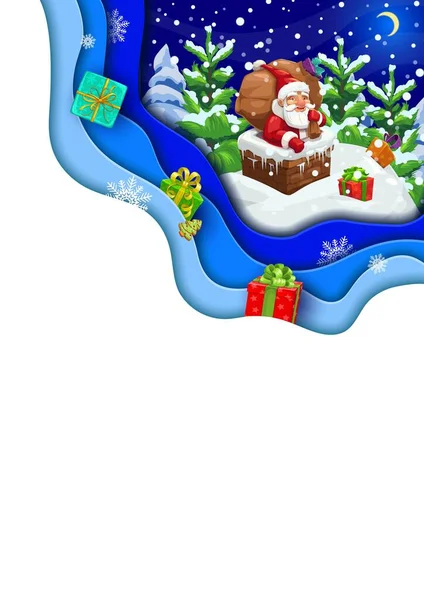 圣诞纸切横幅 漫画三塔与礼物在屋顶上 圣诞节前夕 带着滑稽父亲诺埃尔被困在烟囱里的圣诞节假期矢量双面展览3D设计 圣尼古拉斯送礼 — 图库矢量图片