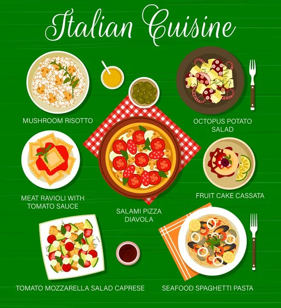 Italienische Küche Speisekarte Seite Pilzrisotto Spaghetti Mit Meeresfrüchten Und Tomaten — Stockvektor