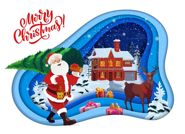 Papier Świąteczny Wyciąć Kreskówki Śmieszne Santa Wakacyjnej Sosny Boże Narodzenie — Wektor stockowy