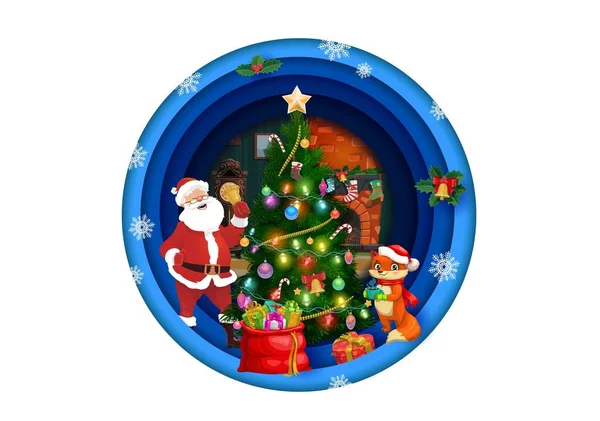 Weihnachtsgeschnittenes Rundes Banner Weihnachtsmann Mit Kiefer Weihnachtsbaum Geschenke Und Kamin — Stockvektor