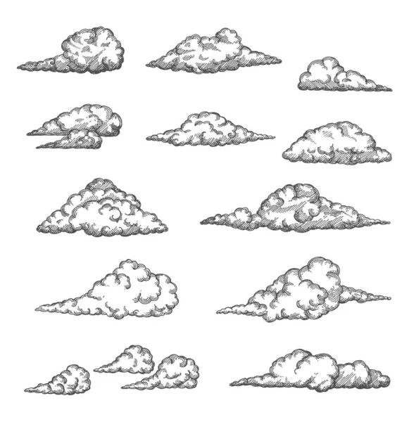 雲と曇り空のヴィンテージスケッチ 古代の彫刻ふわふわの雲のベクトル手描きの空 アンティークの地図要素 湾曲した空気の流れ 曇りの天国のエッチングテクスチャを持つ雲の風景 — ストックベクタ
