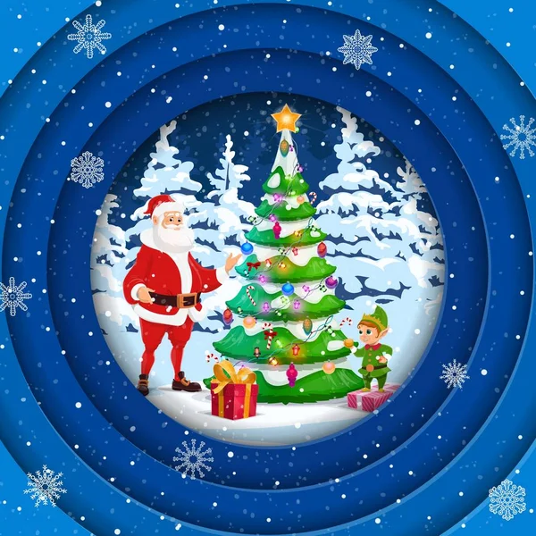 圣诞纸切冬天的森林景观 卡通三塔和假日松树 靠近装饰过的云杉的圣诞老人和侏儒在夜晚的木头里 具有可爱精灵助手的向量有趣的Noel 3D效果卡 — 图库矢量图片