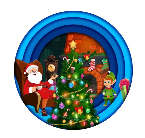 クリスマス紙は暖炉の近くの漫画サンタ ノーム 休日の木を切りました ベクトルクリスマスギフト サンタクロース 自己と層状のペーパーカットラウンドフレーム メリークリスマスグリーティングカードでストッキング — ストックベクタ