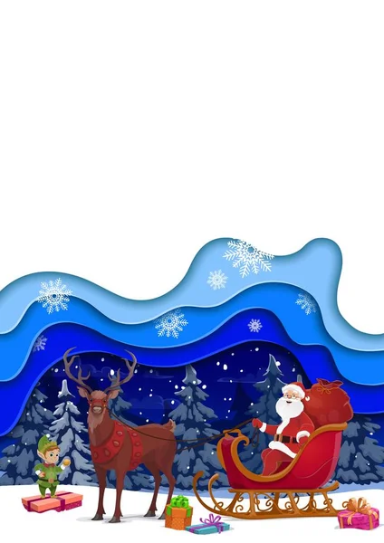 Рождественская Бумага Вырезала Баннер Мультяшный Санта Санях Векторный Шаблон Трехмерным — стоковый вектор