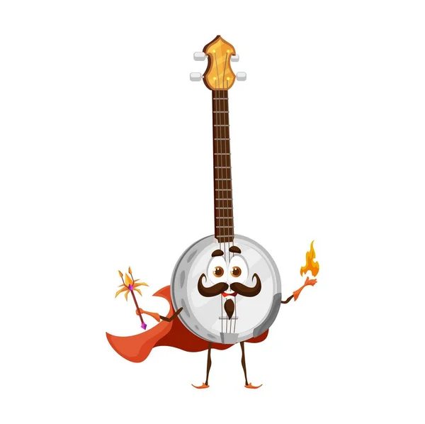 Cartoon Banjo Tovenaar Karakter Geïsoleerde Vector Mage Snaarinstrument Personage Met — Stockvector