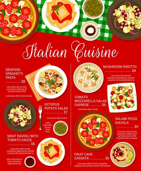 Italská Kuchyně Jídelní Lístek Stránku Houbové Rizoto Bramborový Salát Chobotnice — Stockový vektor