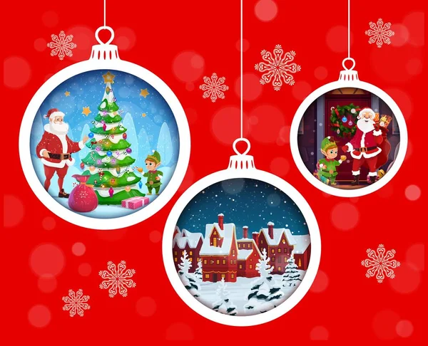 圣诞纸上挂着节日彩礼横幅 矢量3D效果设计与圆形框架的圣诞节玩具挂在字符串与圣诞老人爪 装饰树 雪城和有趣的侏儒里面 — 图库矢量图片