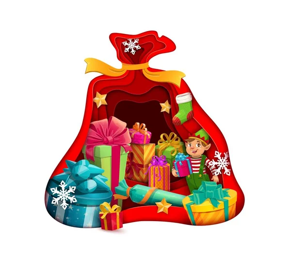 Weihnachtspapier Geschnitten Mit Weihnachtsmann Geschenktüte Und Gnom Vector Weihnachtsfeiertag Papercut — Stockvektor