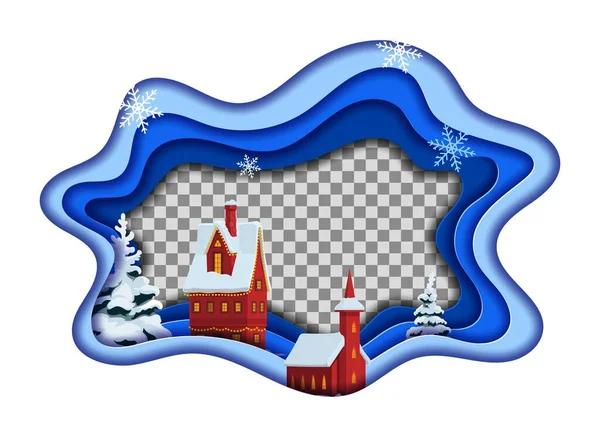 クリスマスの紙は ベクトル冬の休日の都市のフレームをカット お祝いの装飾された家や教会 雪の松の木や雪の結晶3Dレイヤー紙カット波状フレームの境界線とクリスマスストリート メリークリスマス — ストックベクタ