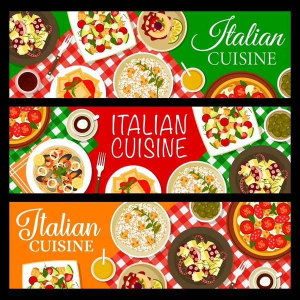 Banderas Comidas Restaurante Italiano Pizza Diavola Ravioles Carne Con Salsa — Vector de stock