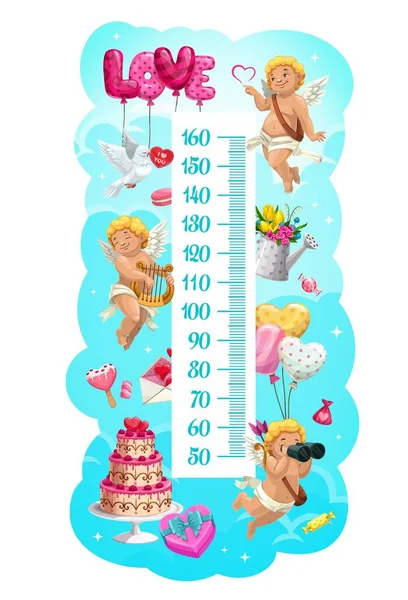 キューピッド 風船やお菓子と子供の高さチャート ベクトル成長メーター 子供の高さは 漫画の天使 愛の風船 花や雲のバレンタインの心の贈り物と赤ちゃんの高さを測定します — ストックベクタ