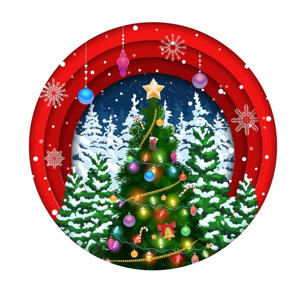 圣诞纸切与假日松树和装饰 矢量圆3D纸片框架 层次化效果 雪花和装饰云杉 有灌木和花环的圣诞树 圣诞贺卡 — 图库矢量图片