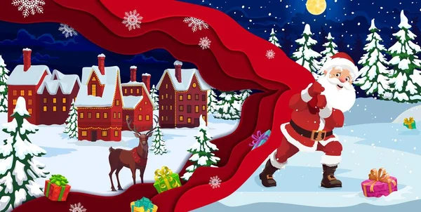 クリスマスの紙は長い大きいギフト袋と漫画のサンタを切った 面白い父ノエルとベクトルクリスマスや新年の季節のグリーティングカードは 夜の町の中で巨大な袋を引きます クラウスがプレゼントを — ストックベクタ