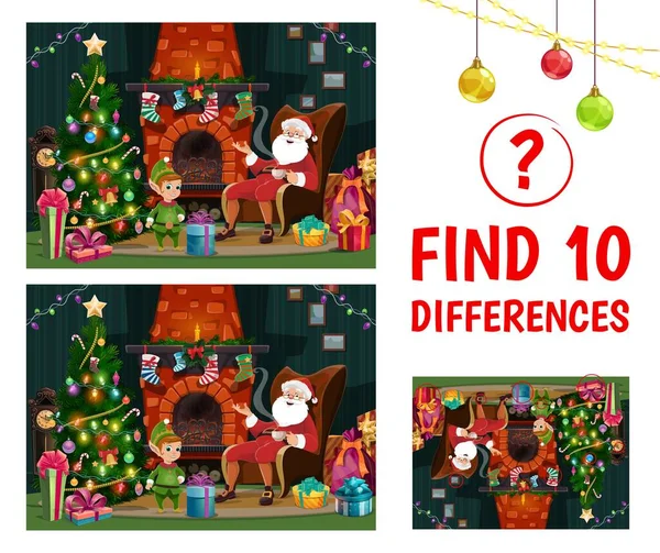 找出十个不同 圣诞内饰 靠近壁炉的椅子上坐着圣塔 有卡通人物Noel神父和Gnome角色的向量儿童游戏工作表 教育儿童的谜团 休闲活动 — 图库矢量图片
