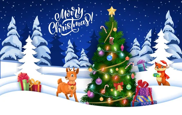 圣诞森林里有松树 卡通人物和剪纸雪 病媒寒假 圣诞贺卡在圣诞树前的剪纸层 驯鹿和圣诞老人的礼物 — 图库矢量图片
