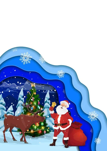 Papel Natal Cortado Banner Desenho Animado Santa Veado Árvore Férias — Vetor de Stock
