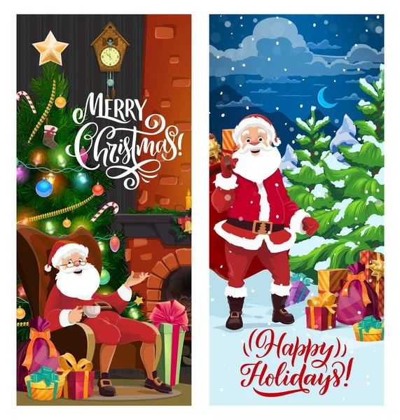 Bannières Noël Avec Père Noël Assis Cheminée Apportant Des Cadeaux — Image vectorielle