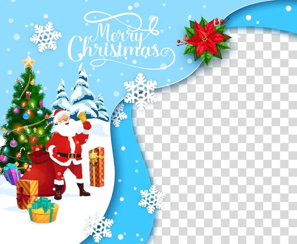 Kerst Papier Gesneden Cartoon Santa Met Bel Buurt Van Dennenboom — Stockvector