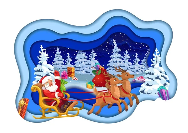 Vánoční Papír Řezané Karikatury Santa Saních Zimním Lese Vektor Papercut — Stockový vektor