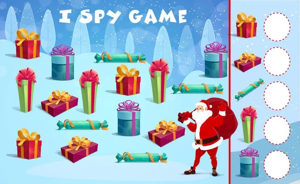 クリスマス キッズスパイゲーム サンタへの贈り物を見つけるのに役立ちます NoelのXmas文字と現在のボックスと漫画ベクトルワークシートの謎のページ 幼稚園や就学前の子供のための数学教育パズル — ストックベクタ