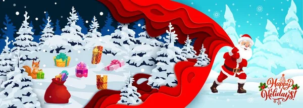 Papel Navidad Cortar Regalos Pancarta Nieve Historieta Santa Con Bolsa — Archivo Imágenes Vectoriales