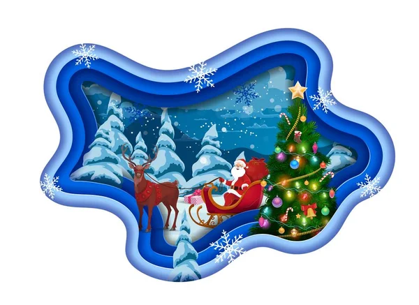 크리스마스 종이는 소나무 산타를 썰매로 잘랐다 Vector Papercut 인사말 카드재미있는 — 스톡 벡터