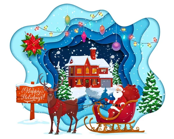 Χριστουγεννιάτικο Χαρτί Περικοπή Χειμώνα Σπίτι Κινουμένων Σχεδίων Σάντα Έλκηθρο Και — Διανυσματικό Αρχείο