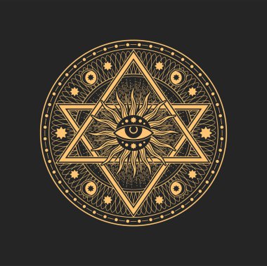 Sihirli gözlü beş köşeli yıldız, güneş ışınları çemberindeki şeytani yıldız. Güneş ya da ay ışığı, simya sembolü, cadılık ve duvarcılık, mistik tılsım.