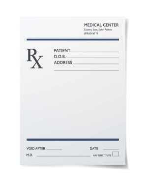 Gerçekçi tıbbi reçeteli RX formu. Eczane ve hastane vektör kağıdı boş. Tıp merkezi veya hastane araştırması, doktor veya eczacı reçetesi, ilaç tarifi belgesi şablonu