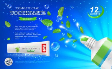 Yeşil nane yaprakları ve diş macunu. Diş bakımı nane şekeri diş macunu satışı broşürü, naneli diş bakımı ürünü, diş minesi beyazlatma macunu afişi 3D gerçekçi vektör plastik tüp, uçan yeşil yapraklar.